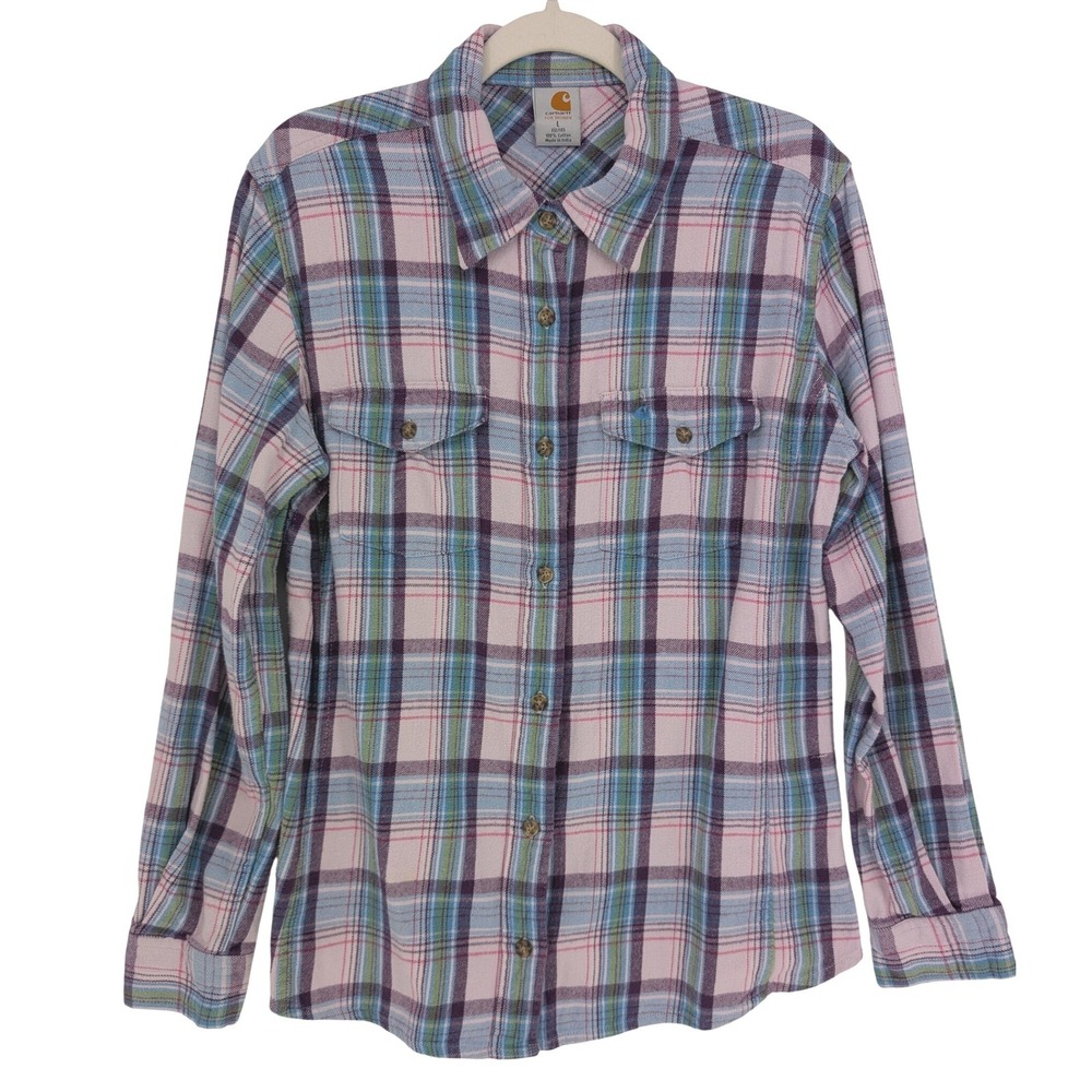 Carhartt Button Down Shirt WMN L Pink Blue Plaid Flannel Utility Grunge Gorpcore